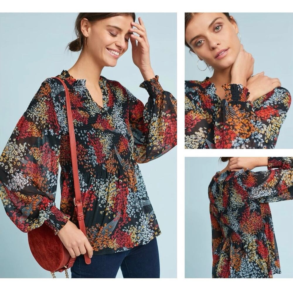 Anthropologie Akemi + Kin Adria Smocked Floral Top Black Multicolor - Size M